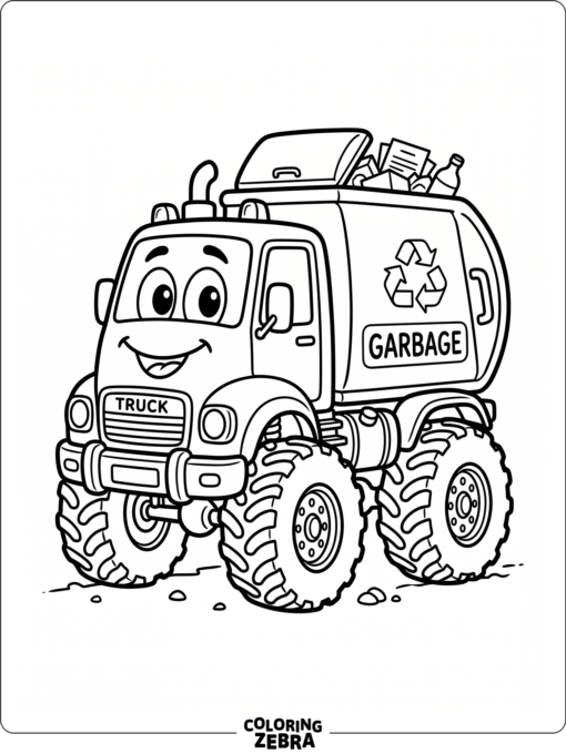 A friendly garbage truck with big wheels and a bin