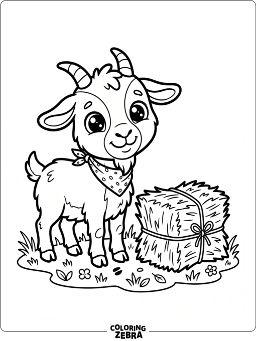 A cute preschool goat beside a hay bale
