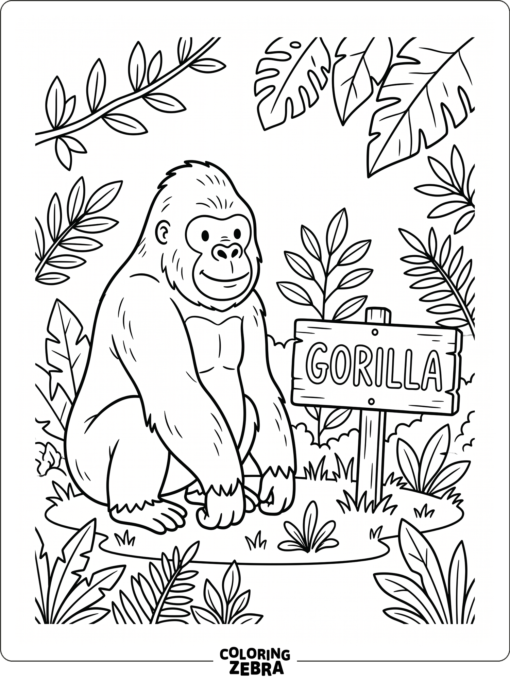 A gorilla sitting beside a small name sign