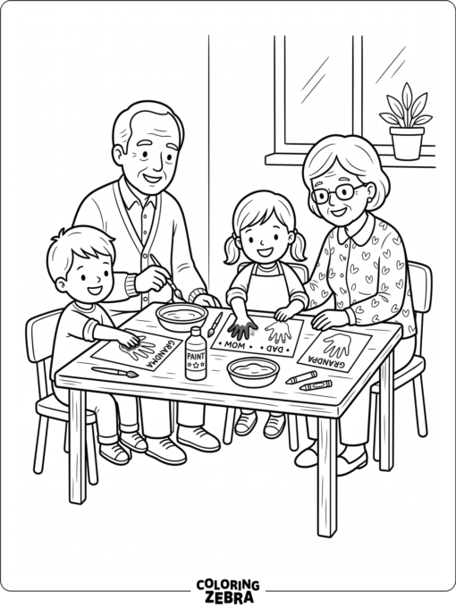 Preschool children make handprint cards with grandparents nearby