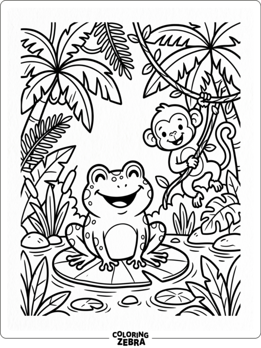 A smiling frog and monkey among big jungle leaves