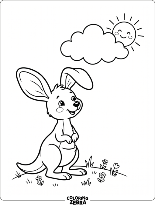 A preschool kangaroo with big ears near a sun and cloud