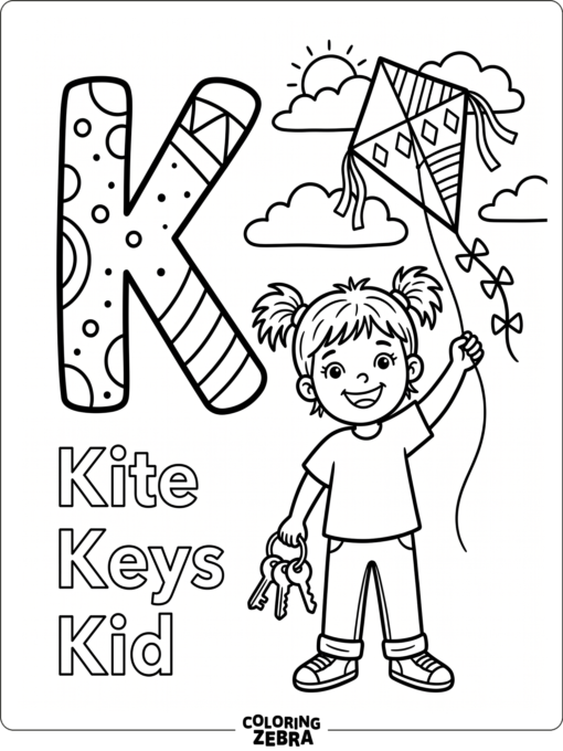 A preschool K page with kite and keys