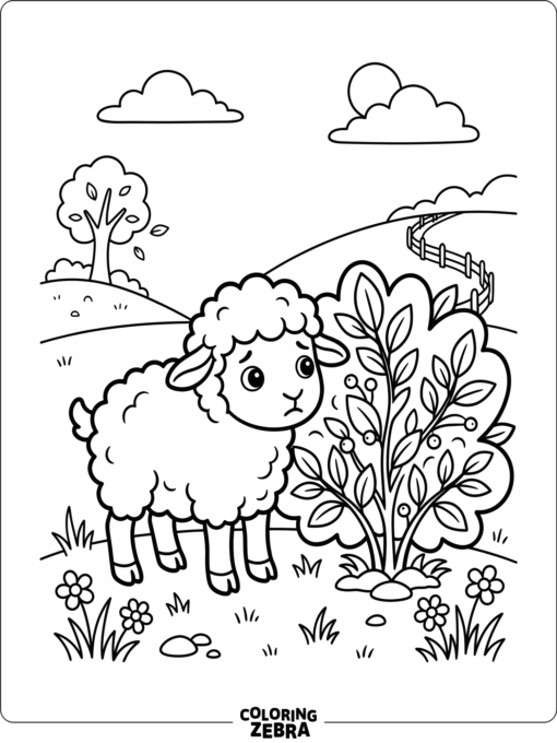 A small lamb hides near a bush in a simple preschool scene