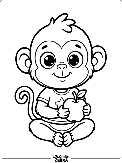 A preschool monkey holding fruit with big eyes