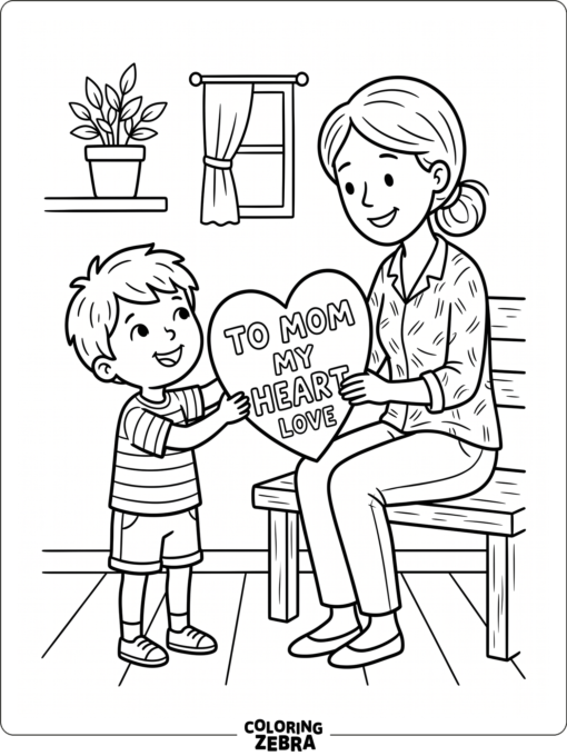 Preschool child giving mom a heart card