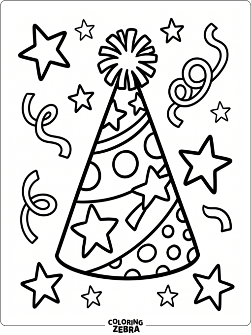 A large party hat with stars and simple streamers