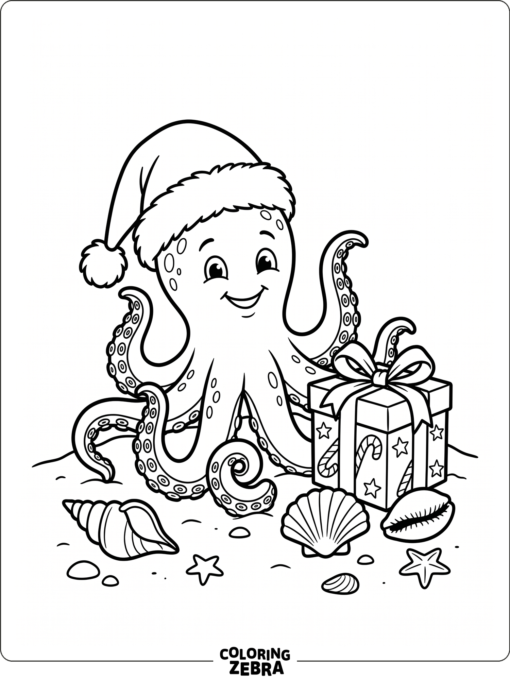 An octopus in a Santa hat beside a present