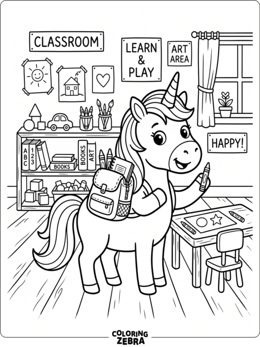 A happy unicorn carrying a backpack at school