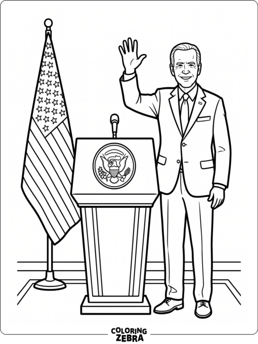 President Biden waving near a podium and flag