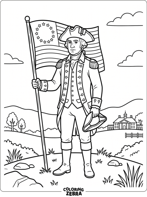 George Washington with a hat and colonial flag