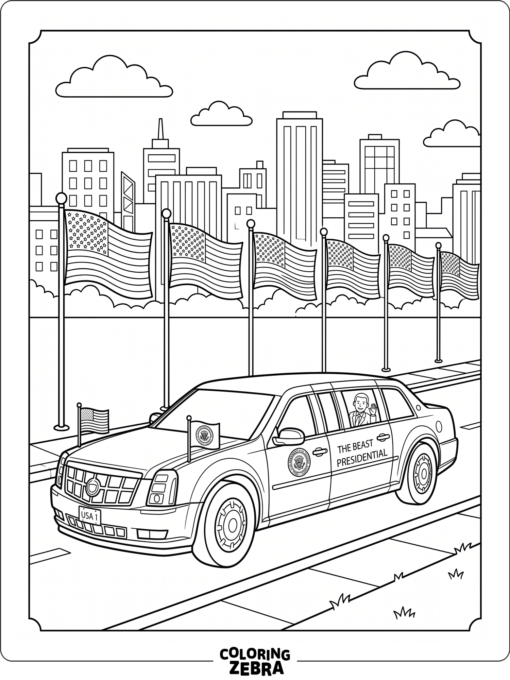 A presidential limousine driving past flags