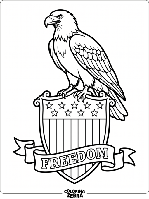 A bald eagle perched on a shield