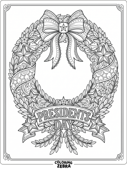 An ornate Presidents Day wreath with stars and laurel leaves