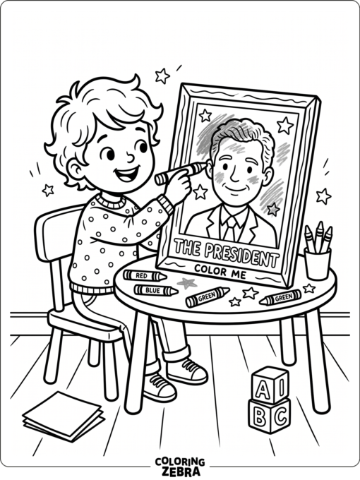 Simple kindergarten scene with crayons and a president portrait