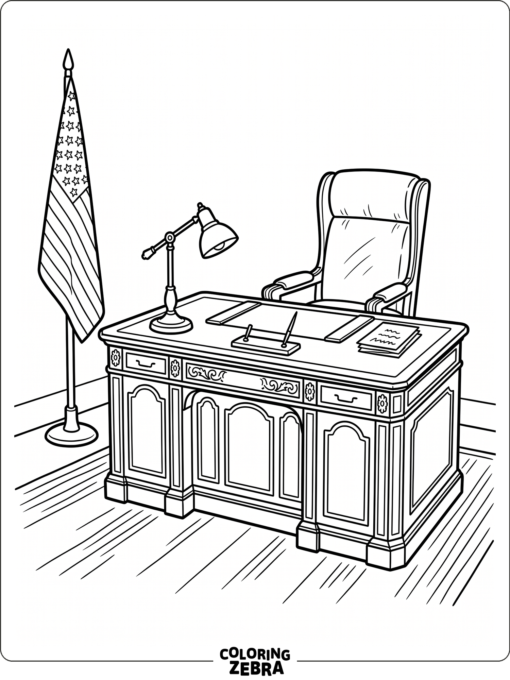 Oval Office desk with chair lamp and flag