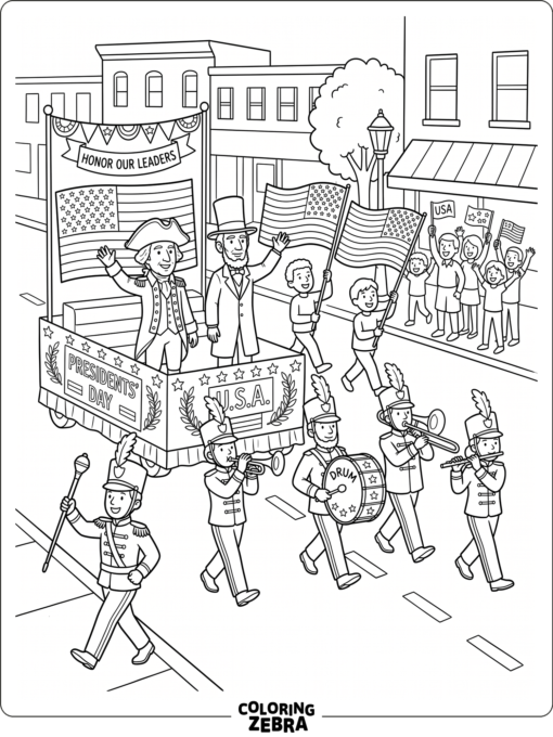 A parade with floats, flags, and a marching band