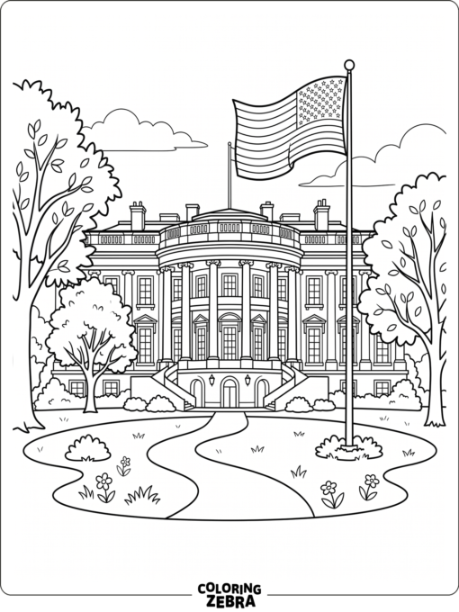 The White House with trees and a waving flag