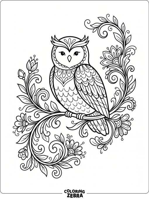 An elegant owl on a branch with flowers