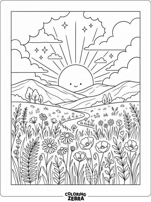 A pretty sunset over a flower-filled meadow
