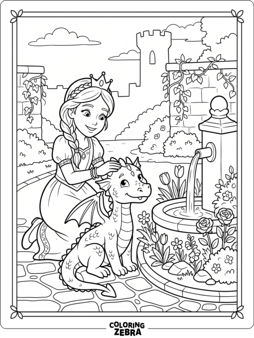 A princess petting a dragon near a fountain