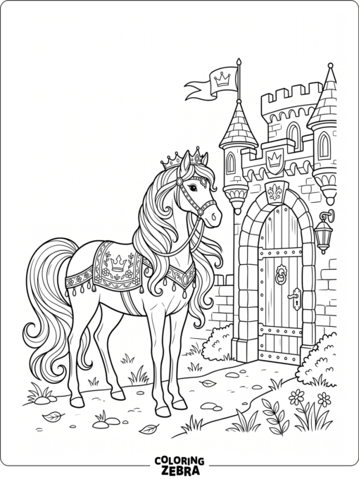 A princess horse standing near a castle gate