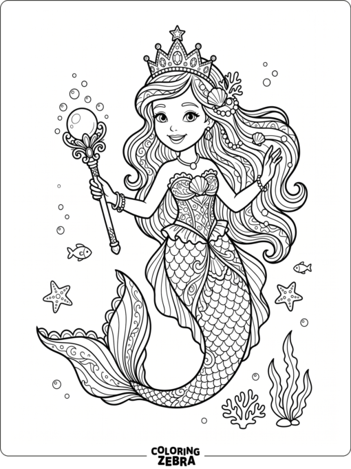 A mermaid princess wearing a crown and holding a pearl scepter