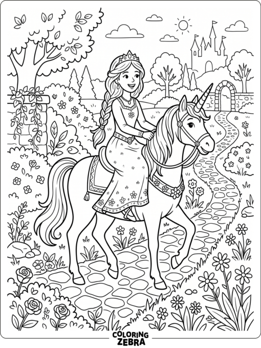 A princess riding a unicorn along a garden path