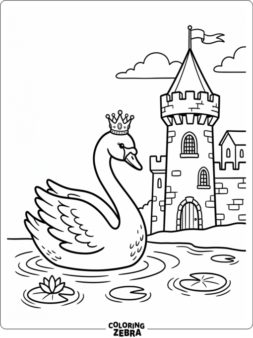 A swan wearing a crown beside a castle tower