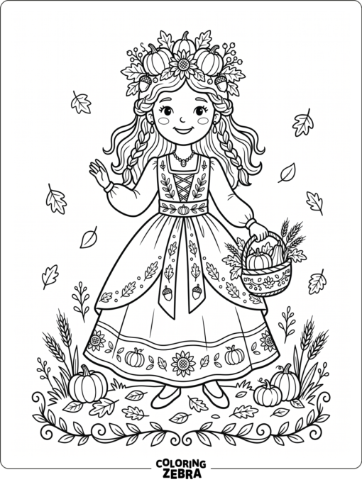 A princess in a harvest dress with a pumpkin crown