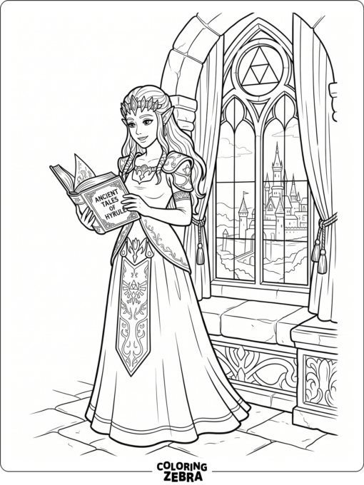 Princess Zelda holding a book in a royal room