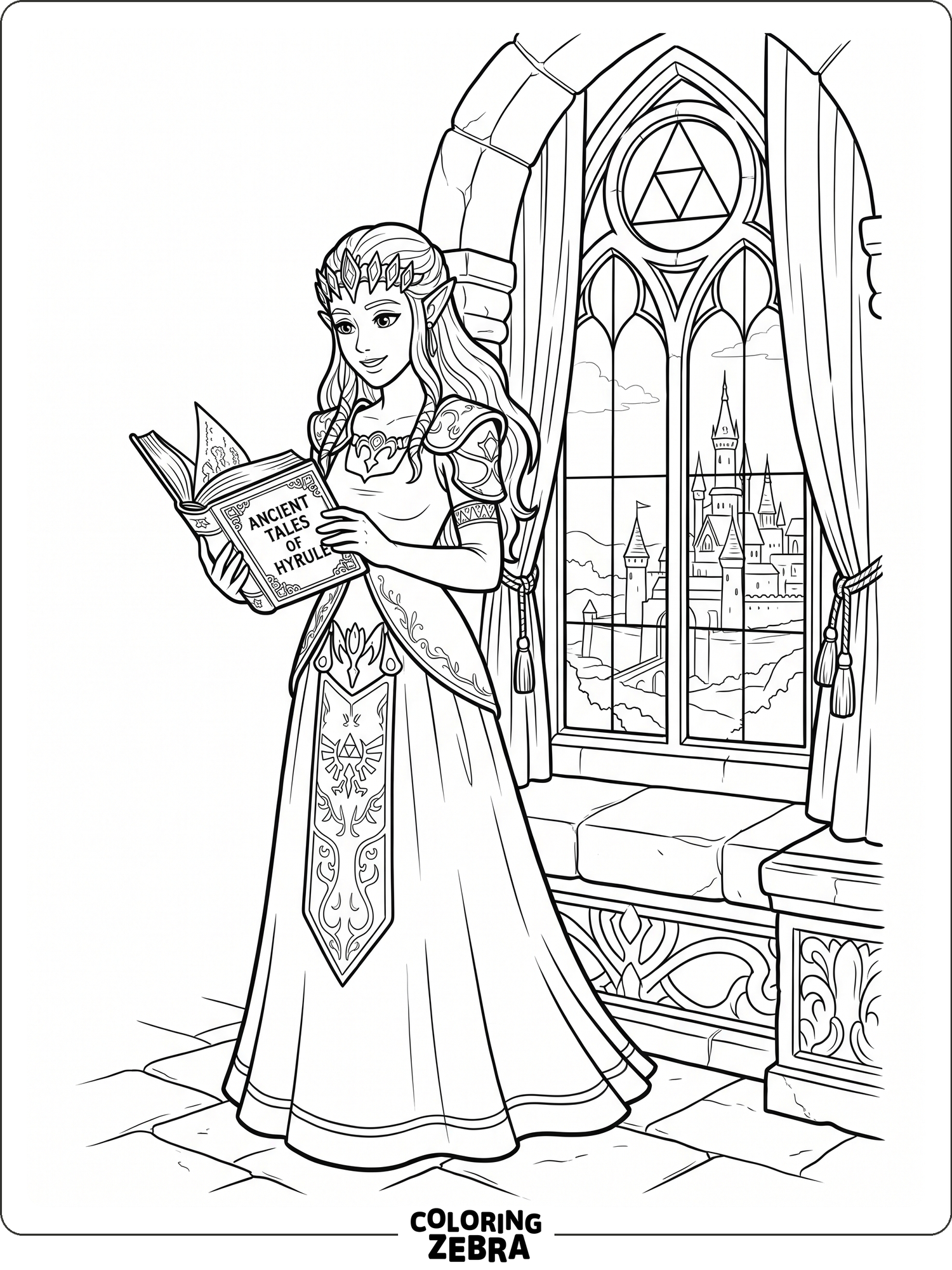 Princess Zelda holding a book in a royal room