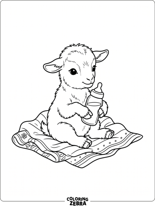 A baby goat sitting with a bottle and blanket