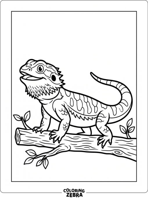 A bearded dragon standing on a branch with lots of open space