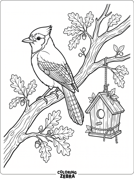 A blue jay on a branch near a birdhouse