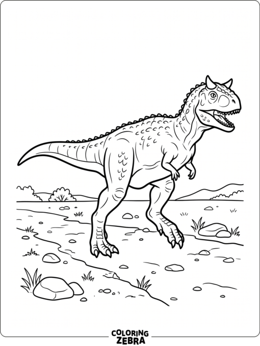 A printable carnotaurus walks across plain ground with a few stones