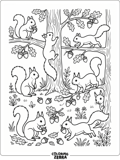 A set of squirrels with trees and acorns