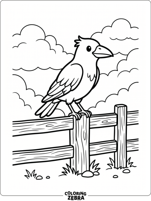 A crow perched on a fence with a simple cloudy sky