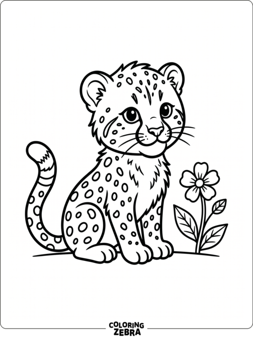 A printable baby cheetah beside a flower
