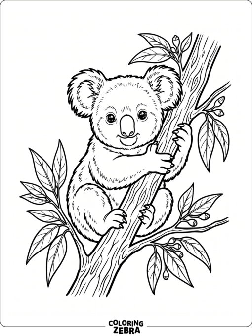 A small baby koala hugging a branch