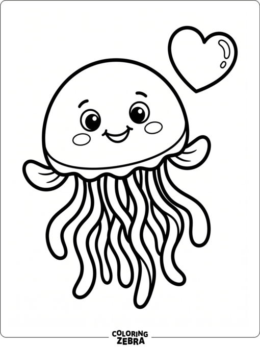 A cute jellyfish with tiny fins and a heart bubble