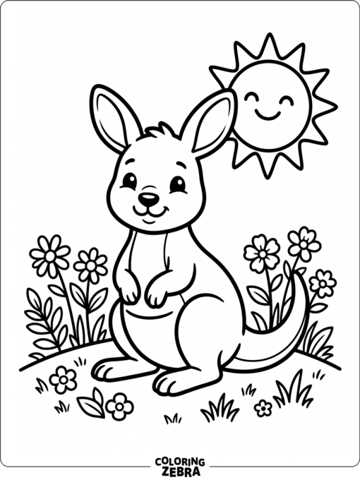 A cute baby kangaroo sitting by flowers and a sun