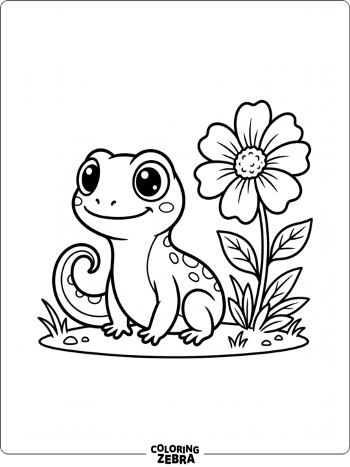 A cute lizard sitting by a flower