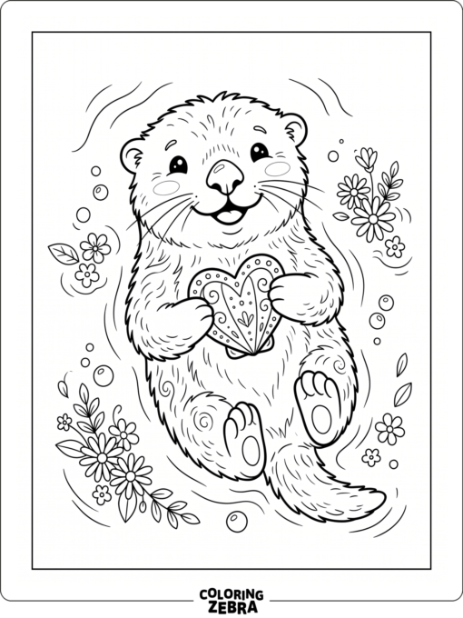 A cute otter holding a heart shell