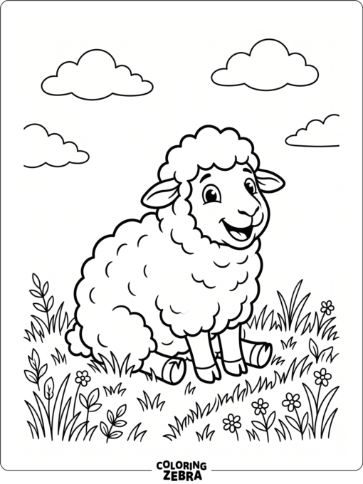 A cute sheep sits in grass under a few simple clouds