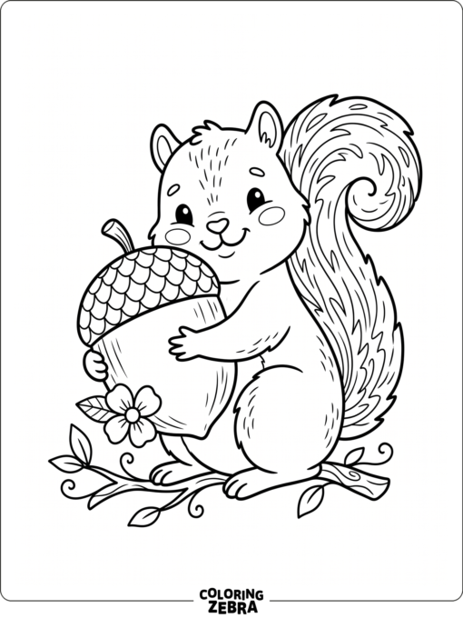 A cute squirrel hugs an acorn