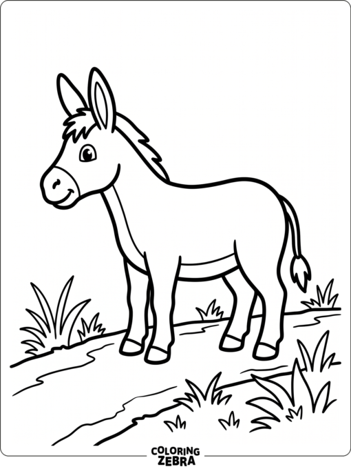 A side view donkey on a plain farm path