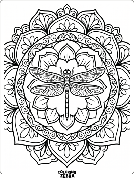 A dragonfly inside a round mandala frame