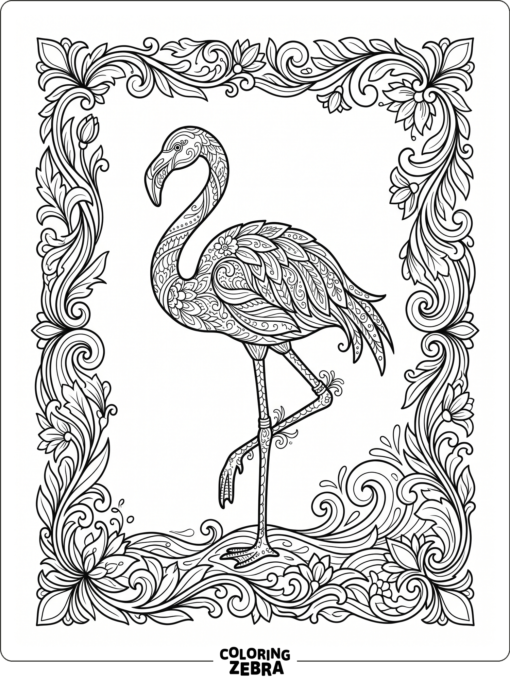 A flamingo in a decorative frame with leaves and waves