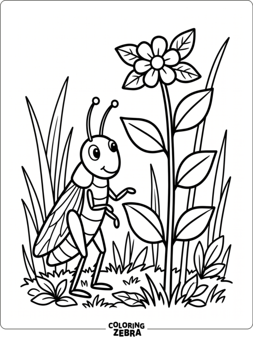 A grasshopper near tall stems and a flower